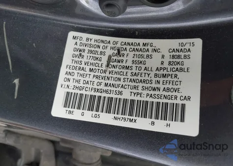 2016 Honda Civic Touring from USA, damaged, VIN 2HGFC1F9XGH631536